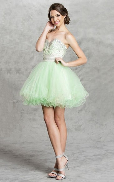 A-Line Short Sweetheart Sleeveless Backless Dress With Ruffles And Beading