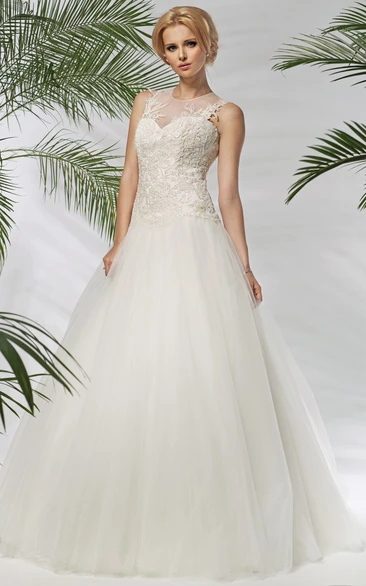 Ball Gown Maxi Sleeveless Scoop-Neck Appliqued Tulle Wedding Dress With Beading