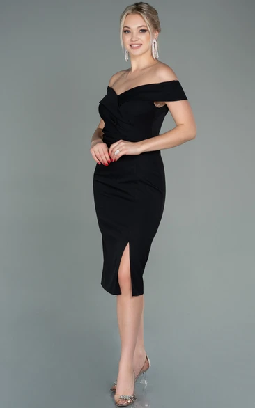 Simple Bodycon Off-the-shoulder Satin Cocktail Dress With Zipper And Split Front