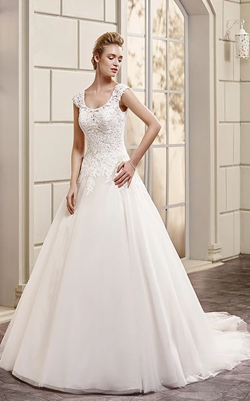 A-Line Floor-Length Appliqued Cap-Sleeve V-Neck Lace&Satin Wedding Dress With Pleats