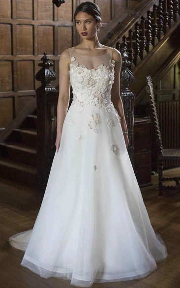 A-Line Sleeveless Bateau-Neck Floral Floor-Length Organza&Tulle Wedding Dress With Appliques