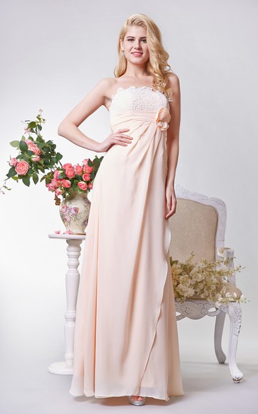 Strapless A-line Long Chiffon and Lace Dress With Bow