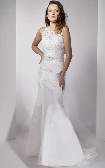 Mermaid Sleeveless One-Shoulder Appliqued Floor-Length Satin Wedding Dress With Illusion Back And Waist Jewellery