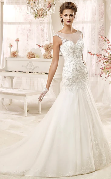 Cap sleeve Illusion Wedding Gown with Beaded Appliques and Open Back