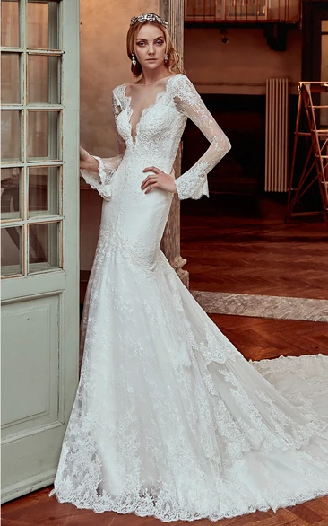 Long-Sleeve Lace Court-Train Wedding Dress With Deep-V Neck and Open Back