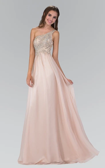 A-Line Floor-Length One-Shoulder Sleeveless Dress With Beading