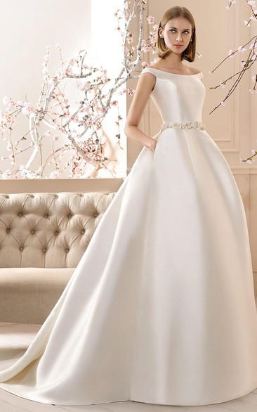 A-Line Maxi Off-The-Shoulder Jeweled Satin Wedding Dress