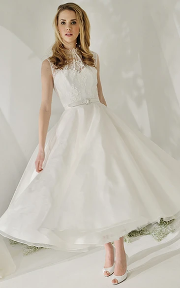 A-Line High Neck Tea-Length Sleeveless Satin&Lace Wedding Dress With Illusion Back