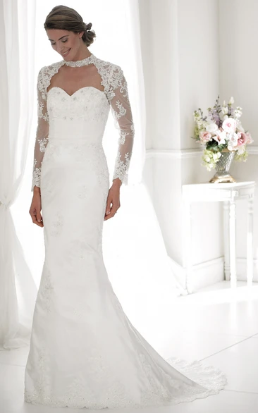 Sheath Sweetheart Long-Sleeve Appliqued Floor-Length Lace Wedding Dress With Beading