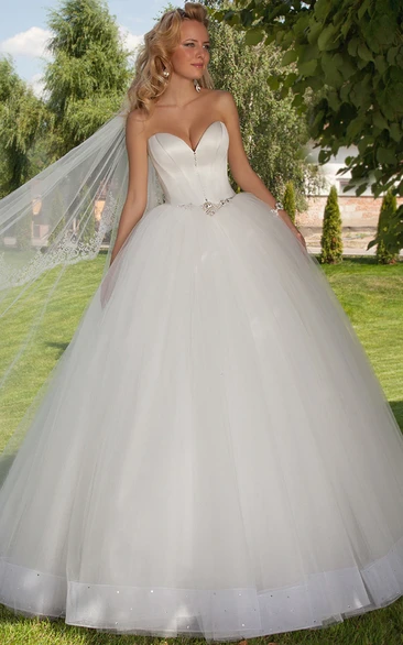 Long Sweetheart Jeweled Tulle Wedding Dress With Chapel Train And Corset Back