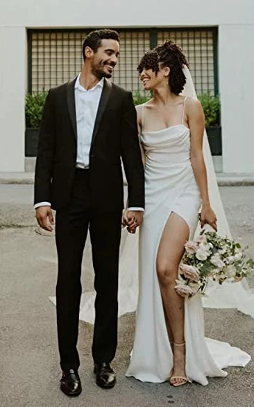 Sexy Beach Satin Spaghetti Sheath Wedding Dress with Long Sleeves and Split Front Modern