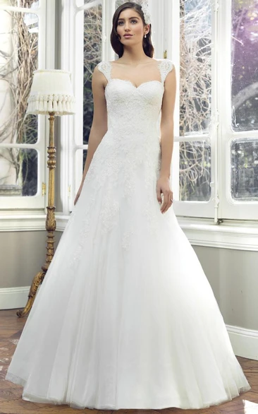 A-Line Queen-Anne Appliqued Floor-Length Lace&Satin Wedding Dress With Chapel Train And Lace-Up Back