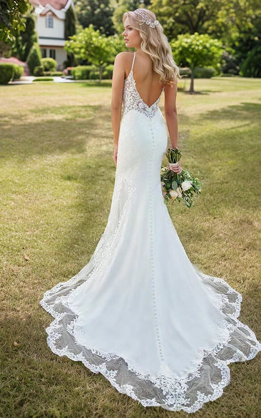 Sleeveless Beach Country Mermaid Plunging V-neck Spaghetti Sexy Elegant Floor-length Wedding Dress with Lace Appliques Open Back