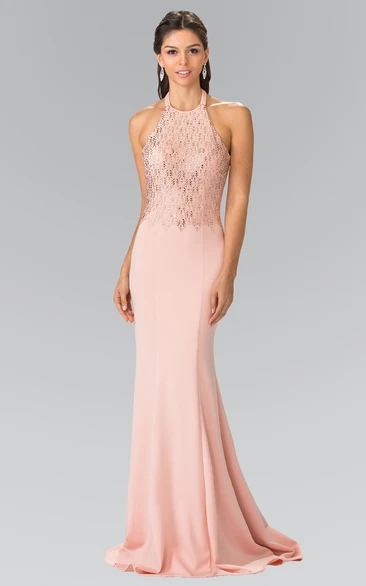 Sheath Long Scoop-Neck Sleeveless Jersey Backless Dress With Sequins