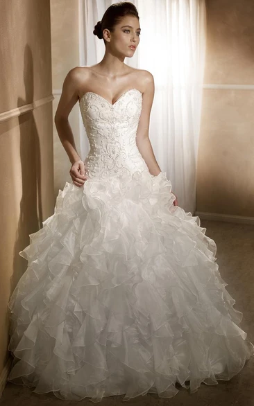 Ball Gown Sweetheart Floor-Length Beaded Organza Wedding Dress With Cascading Ruffles And Corset Back