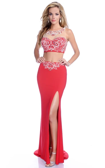 Crop Top Jersey Sleeveless Side Slit Prom Dress With Jeweled Neck And Bust