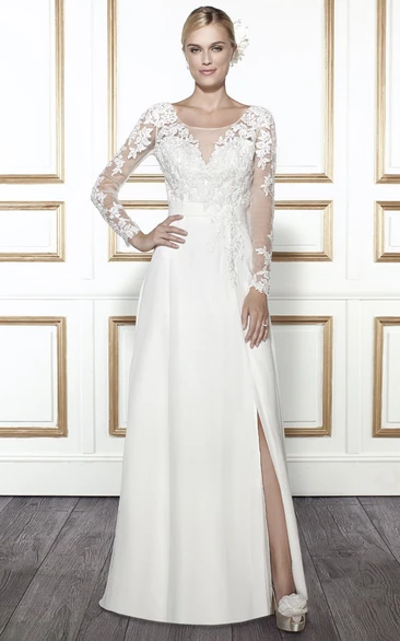 Scoop Floor-Length Long-Sleeve Appliqued Chiffon Wedding Dress