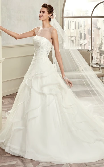 Cap sleeve A-line Wedding Dress with Pleated Bodice and Ruffles 