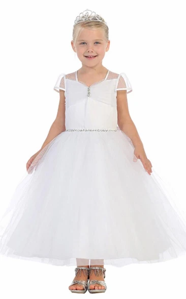Illusion Ankle-Length Ruched Tiered Tulle Flower Girl Dress With Sash