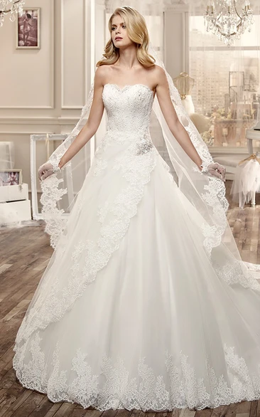 Strapless A-Line Lace Wedding Dress With Side Draping And Beaded Bodice