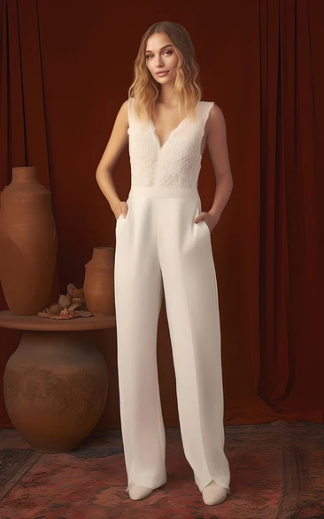 Wedding Jumpsuit Chiffon Lace Sleeveless V-neck Pockets Beach Country Garden Simple Casual Modern 2023