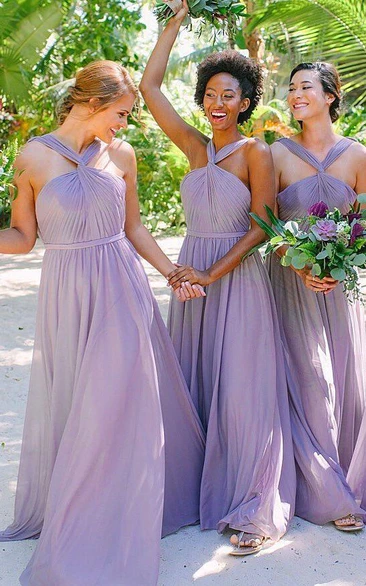 A Line Sleeveless Chiffon Casual Bridesmaid Dress with Pleats and Ruching