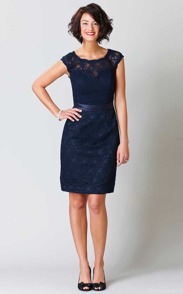 Pencil Sleeveless Short Scoop-Neck Lace Bridesmaid Dress With Ribbon And Keyhole