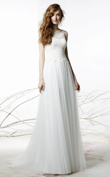 Scoop Long Appliqued Bowed Tulle Wedding Dress With Sweep Train And Illusion