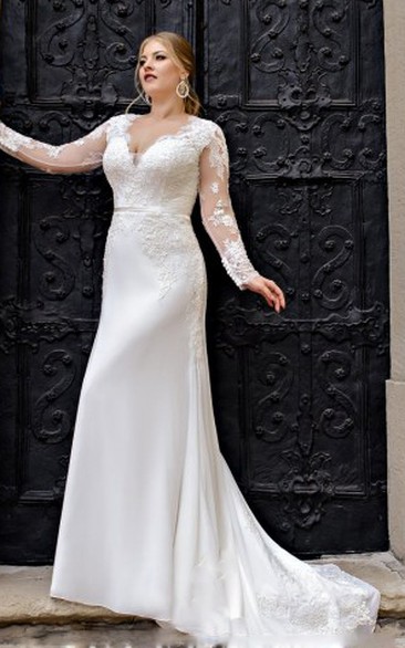 Modern Satin A Line Floor-length Long Sleeve V-neck Wedding Dress with Appliques
