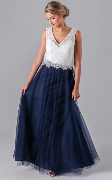 V-Neck Sleeveless Lace Tulle Bridesmaid Dress