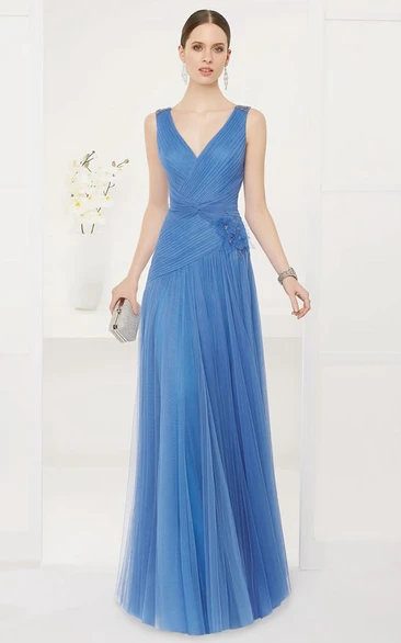 V Neck A-Line Tulle Long Prom Dress With Crystal Back Straps And Keyhole