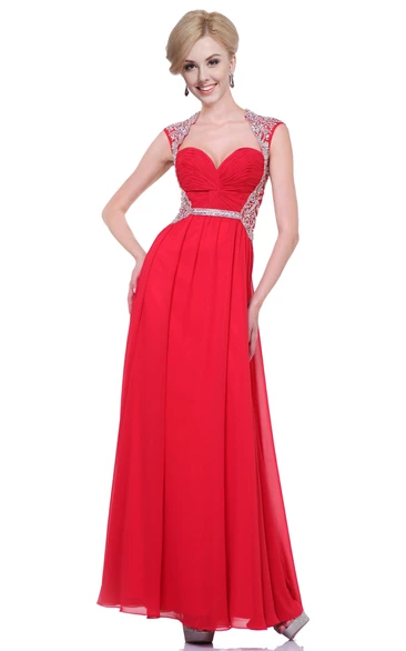 A-Line Ankle-Length Queen Anne Chiffon Dress With Ruching And Beading