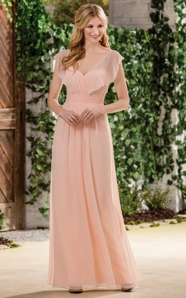 Cap-Sleeved V-Neck A-Line Bridesmaid Dress With V-Back And Ruffles