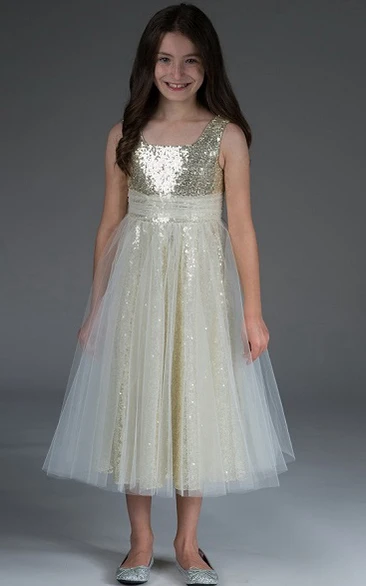 Flower Girl Empire Square Neck Tulle Tea Length Dress With Sequin Lining