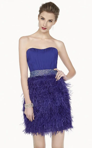Strapless Sweetheart Mini Prom Dress With Feather Skirt And Crystal Waist