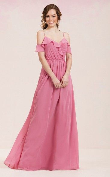 V-Neck A-Line Long Bridesmaid Dress With Ruffles And Spaghetti Straps