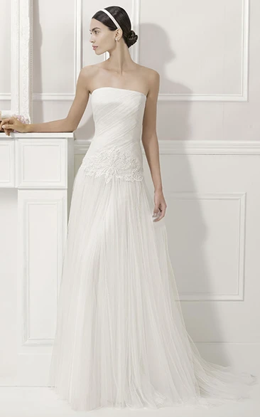 Strapless Drop Waist Tulle Bridal Gown With Removable Off-Shoulder Half Sleeves