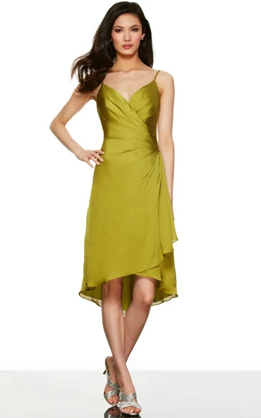 High-Low Ruched Spaghetti Sleeveless Jersey Bridesmaid Dress With Draping