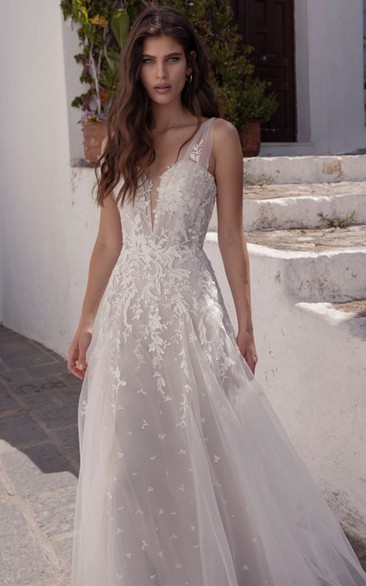 Ethereal A-Line Tulle Plunging Neck Wedding Dress with Appliques and Ruching