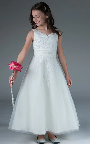 Flower Girl Embroidered A-line Tulle Ankle Length Dress With Crystal