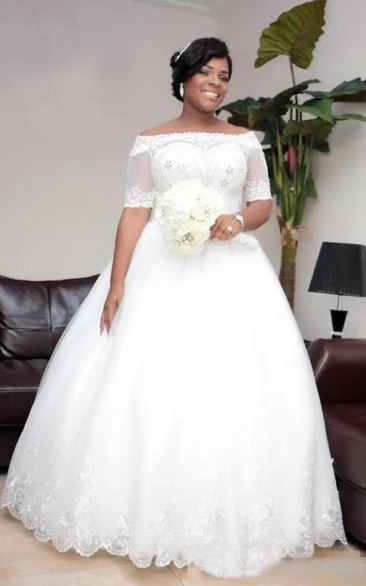 Ball Gown Off-the-shoulder Lace Tulle Open Back Zipper Wedding Gown