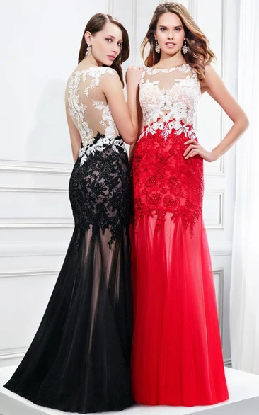 Maxi Sleeveless Appliqued Scoop Neck Tulle Prom Dress With Brush Train