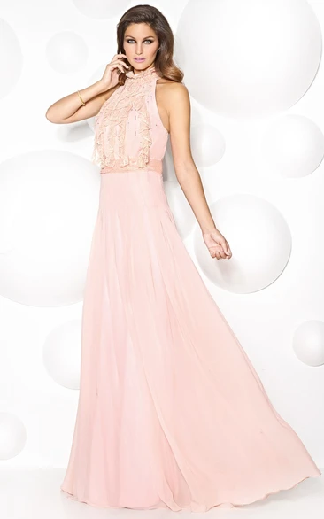A-Line Sleeveless Long Lace High-Neck Chiffon Prom Dress