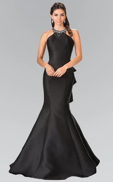 Mermaid Long Scoop-Neck Sleeveless Satin Straps Dress With Beading And Draping