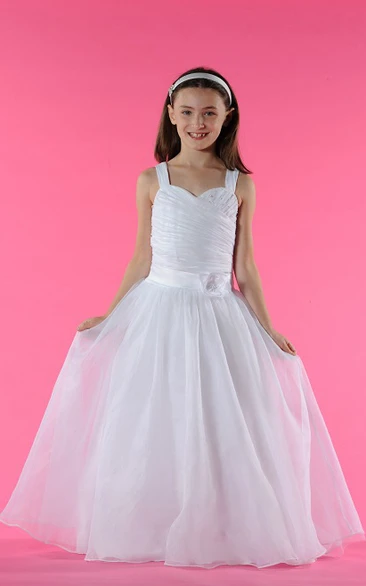 Flower Girl Floral Waist Organza Long Dress With Double Straps And Pearls