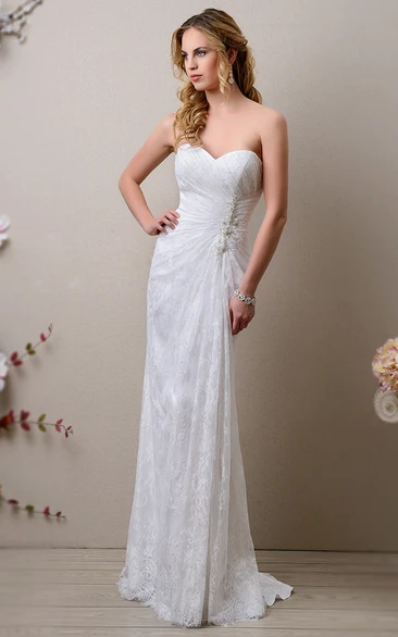 Column Lace Sweetheart Gown With Side Draping And Beadwork