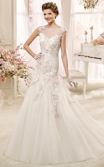 Cap sleeve Illusion Wedding Gown with Appliques and Court Train
