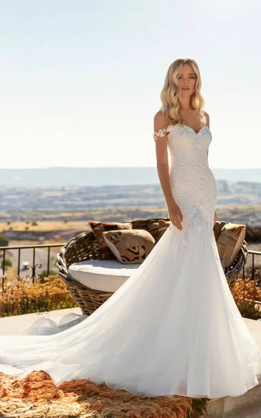 Lace Tulle Corset Back With Chapel Train Off-the-shoulder Sexy Mermaid Bridal Gown