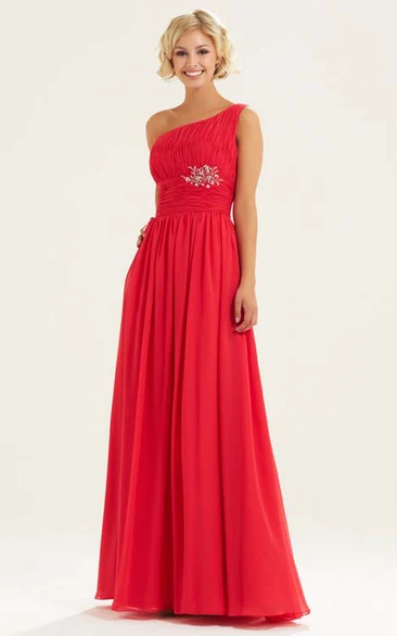 One-Shoulder Sleeveless Ruched Chiffon Bridesmaid Dress With Broach
