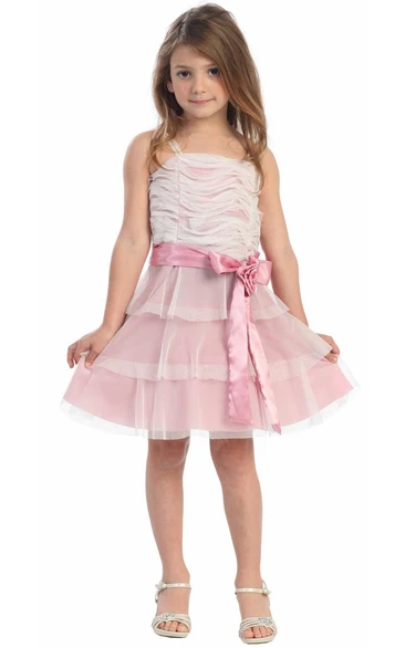 Knee-Length Floral Tiered Flower Girl Dress With Embroidery